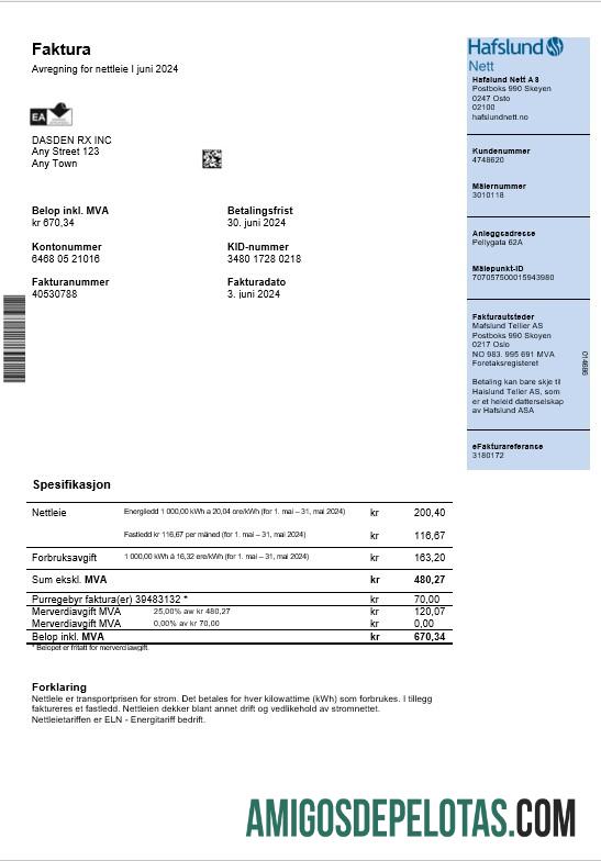 realista Noruega Hafslund Business Utility Bill Modelo Word e PDF
